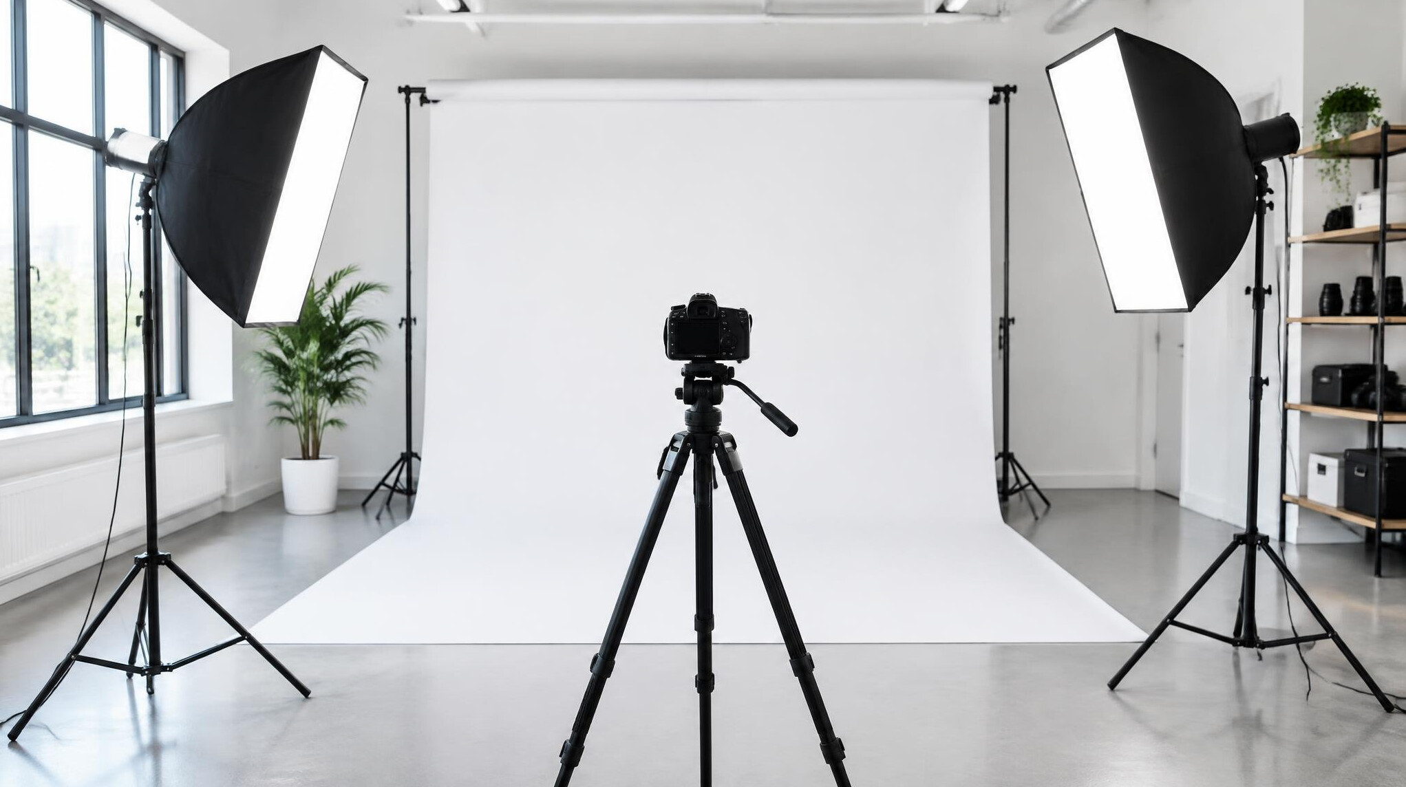 Studio softbox lights and backdrop in a photo studio