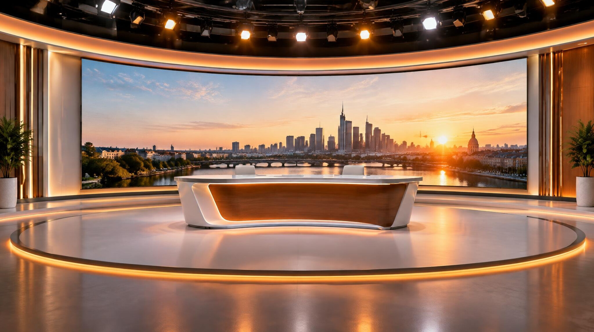 Curved television stage with large LED backdrop and soft warm lighting