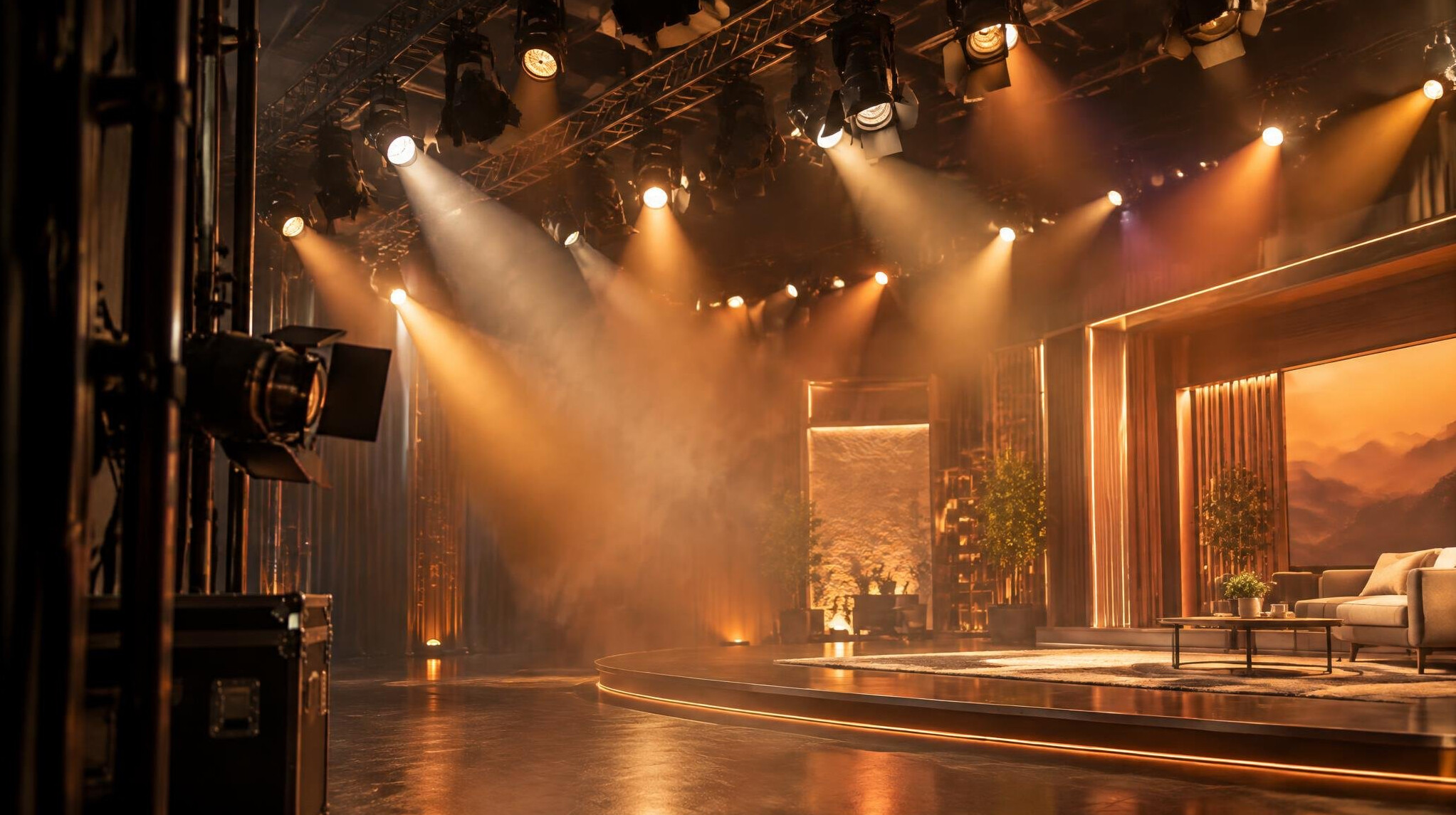 Stage lighting rig above a production set