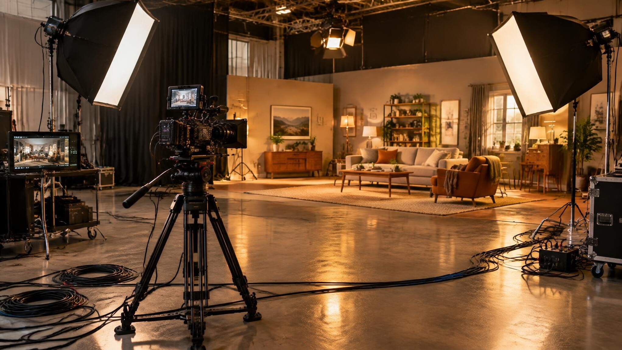 Film set with camera and lights on location