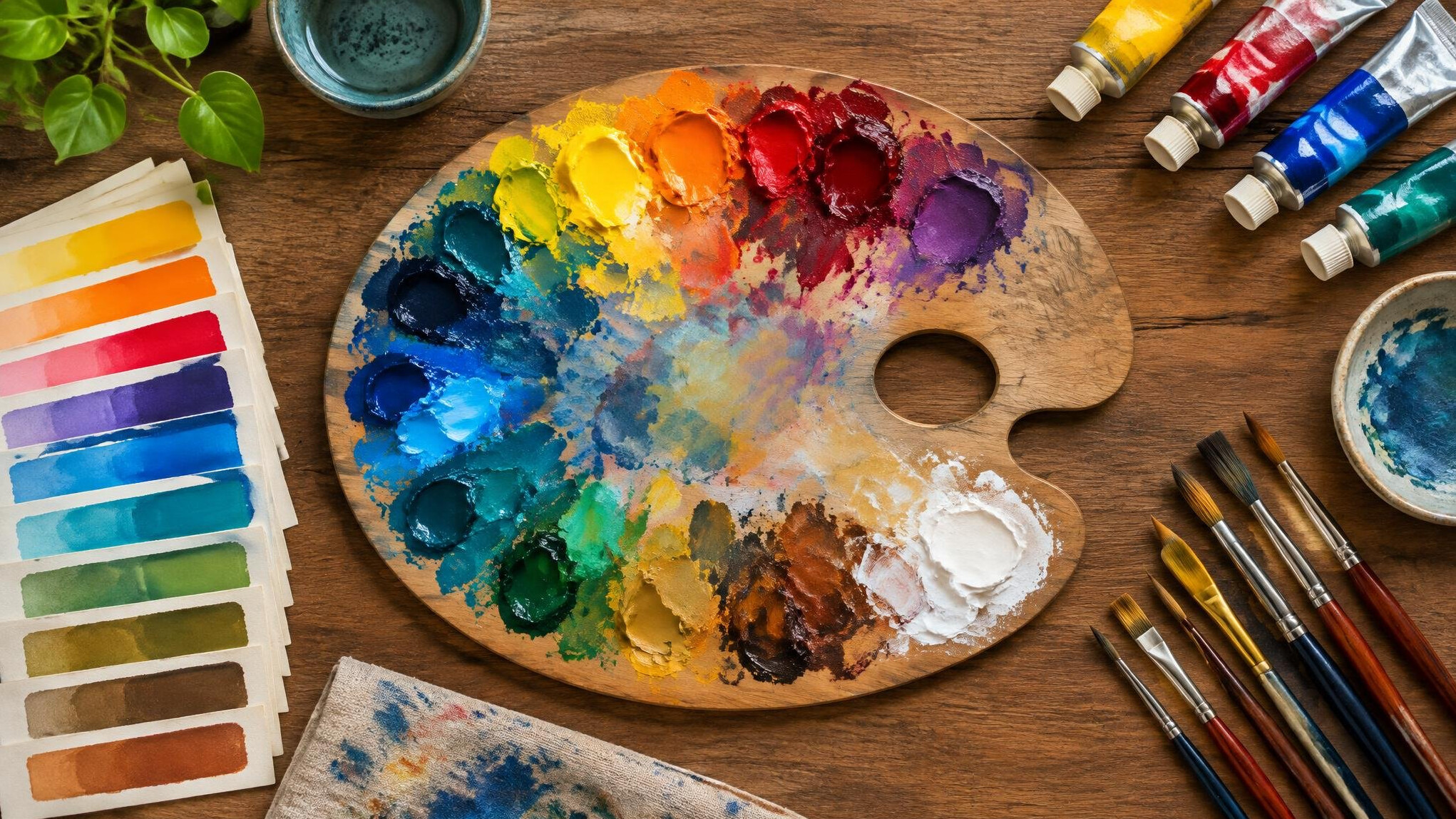 Colourful paint palette and brushes
