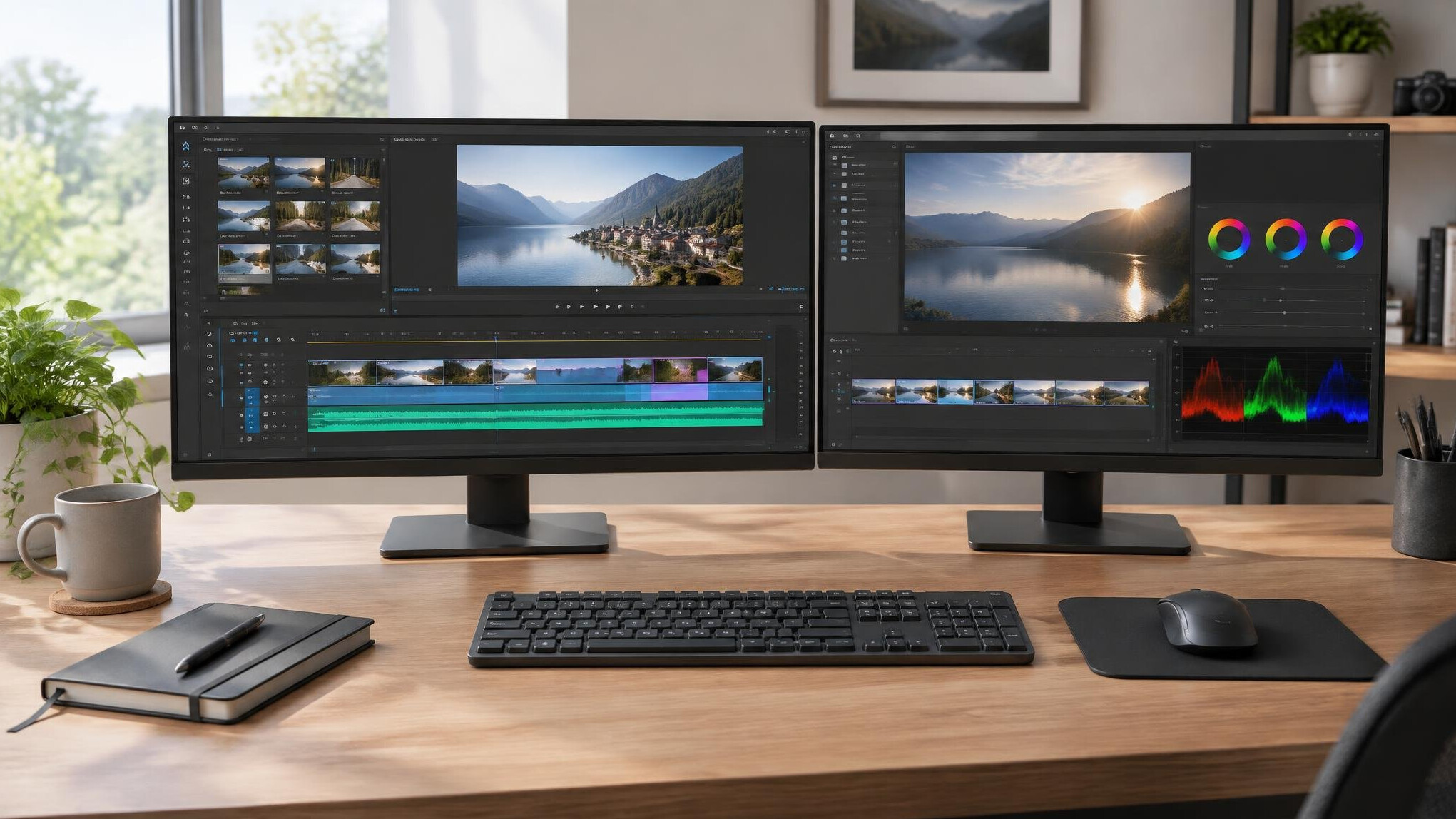 Editing workstation with monitors in a production office