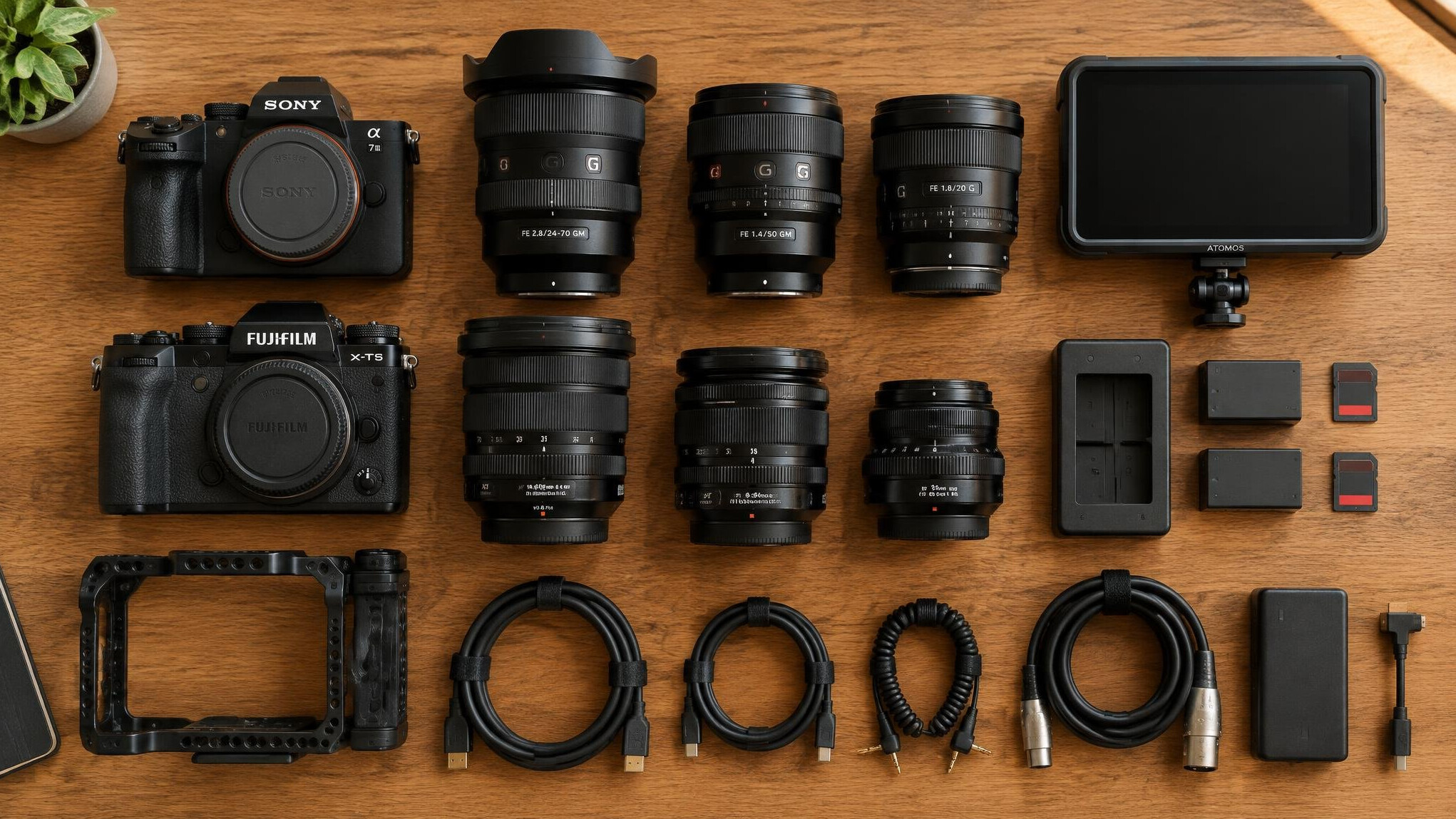 Overhead view of camera gear laid out on a table
